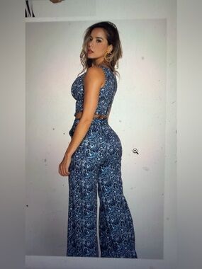 Spazio Blue Snake Print Wide Leg Pants and Corset Top xs